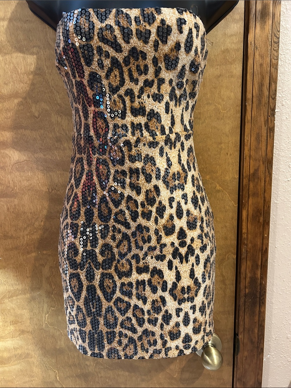Sequin Leopard Strapless Mini Dress - Beige/Black- Homecoming